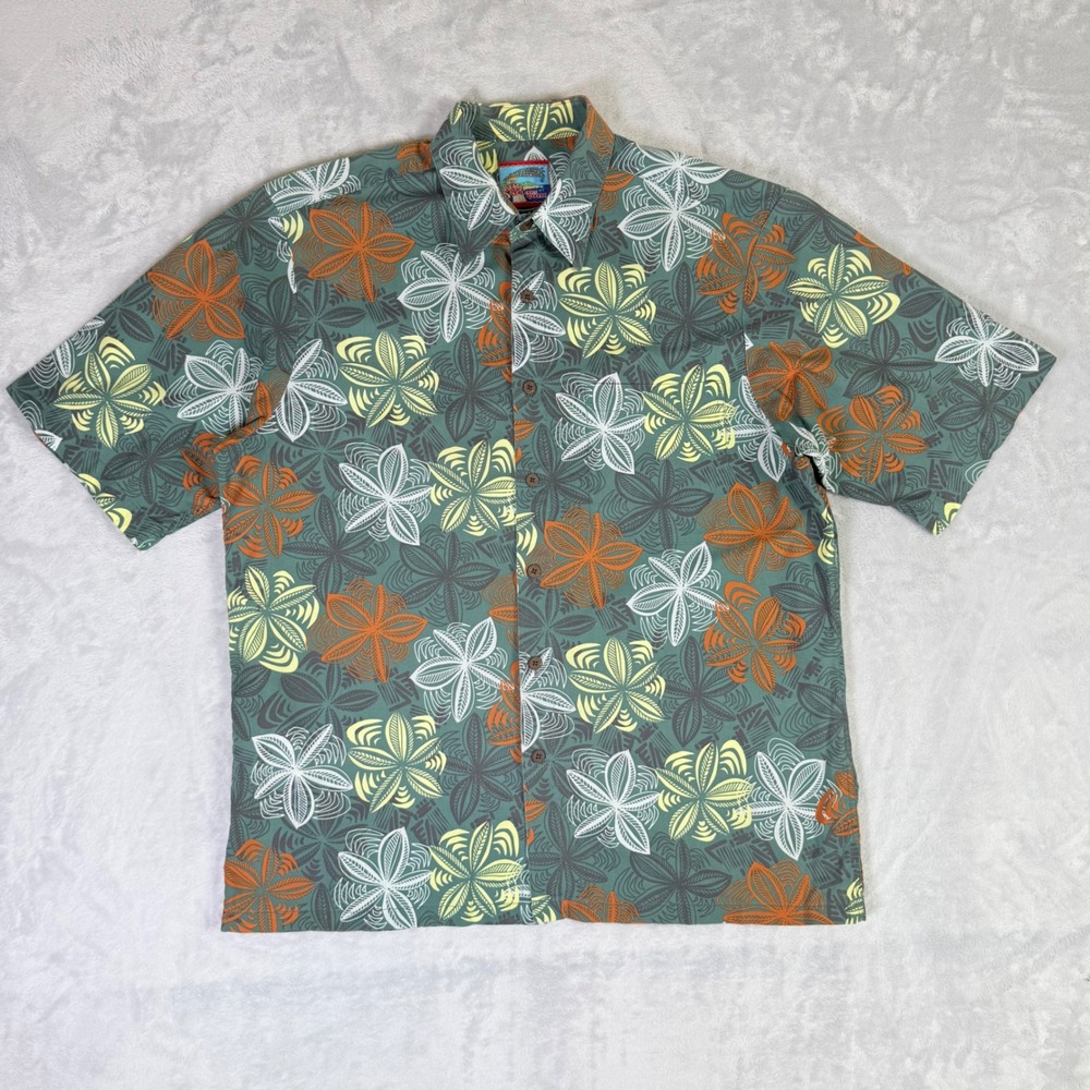 Reyn Spooner Joe Kealohas Shirt Mens M Green Floral Tropical Cotton Short Sleeve